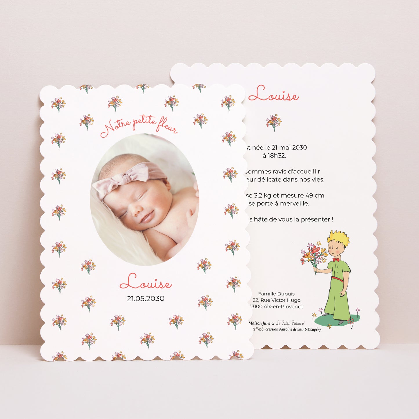 Faire-part Naissance Portrait, bords biscuit Petit bouquet de fleurs photo N° 1