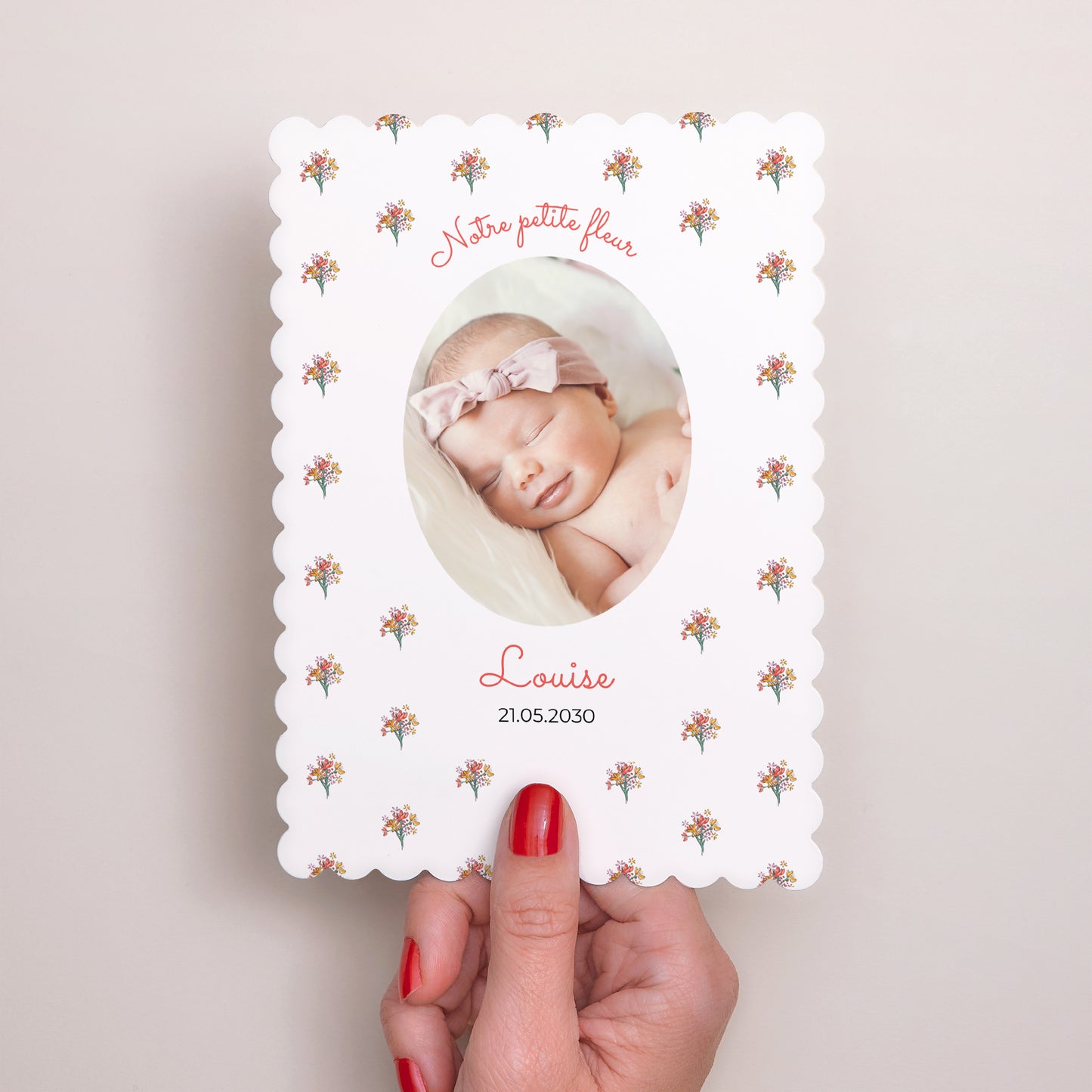Faire-part Naissance Portrait, bords biscuit Petit bouquet de fleurs photo N° 2