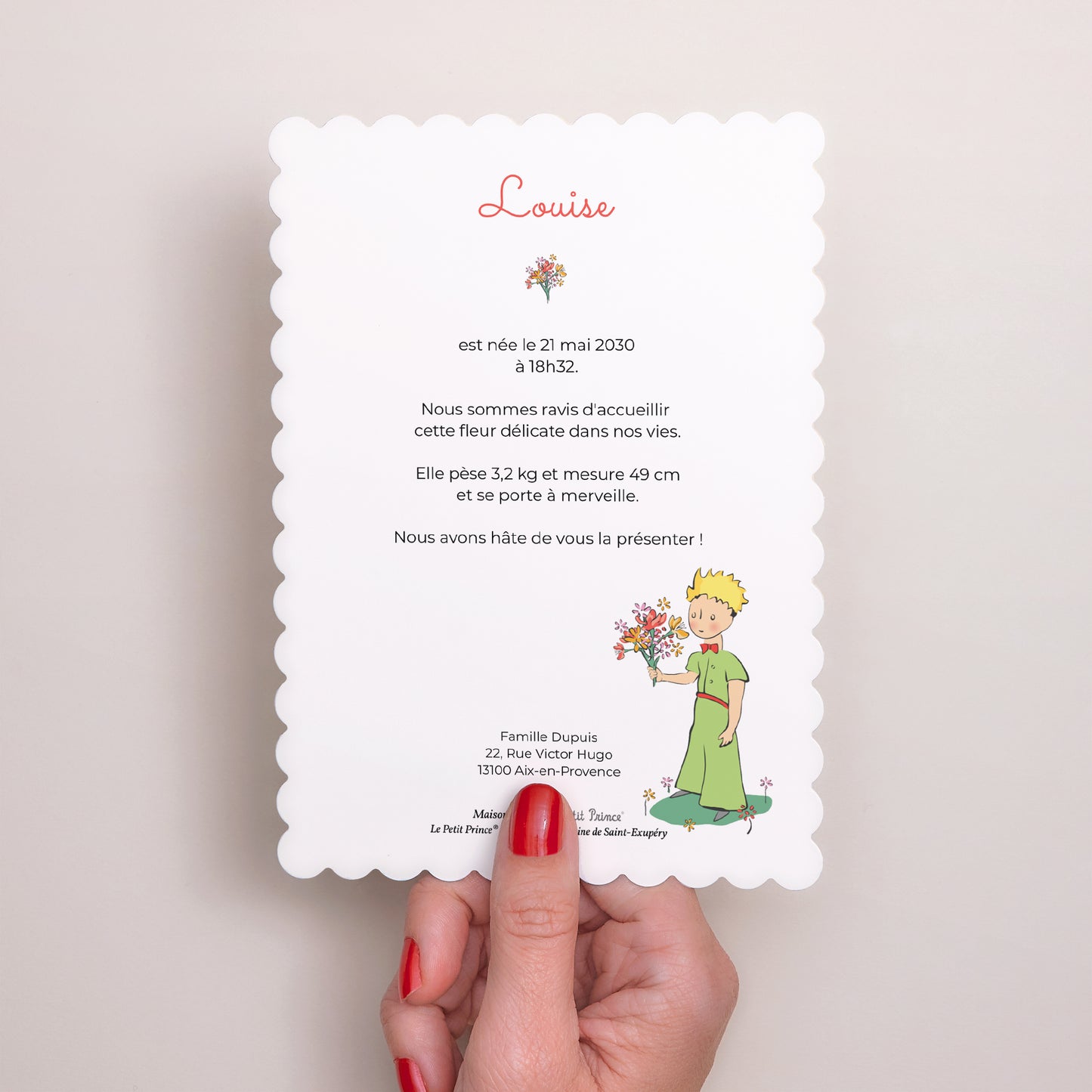Faire-part Naissance Portrait, bords biscuit Petit bouquet de fleurs photo N° 3