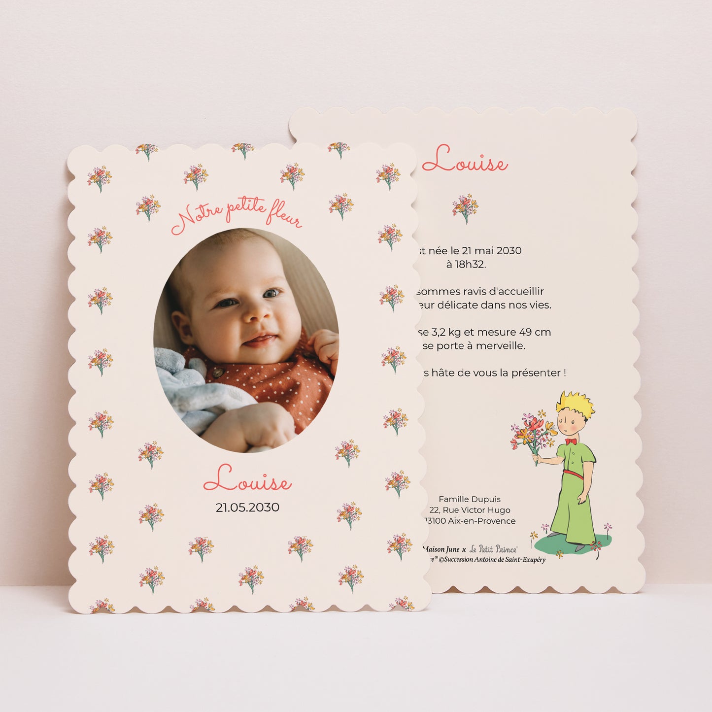 Faire-part Naissance Portrait, bords biscuit Petit bouquet de fleurs beige photo N° 1