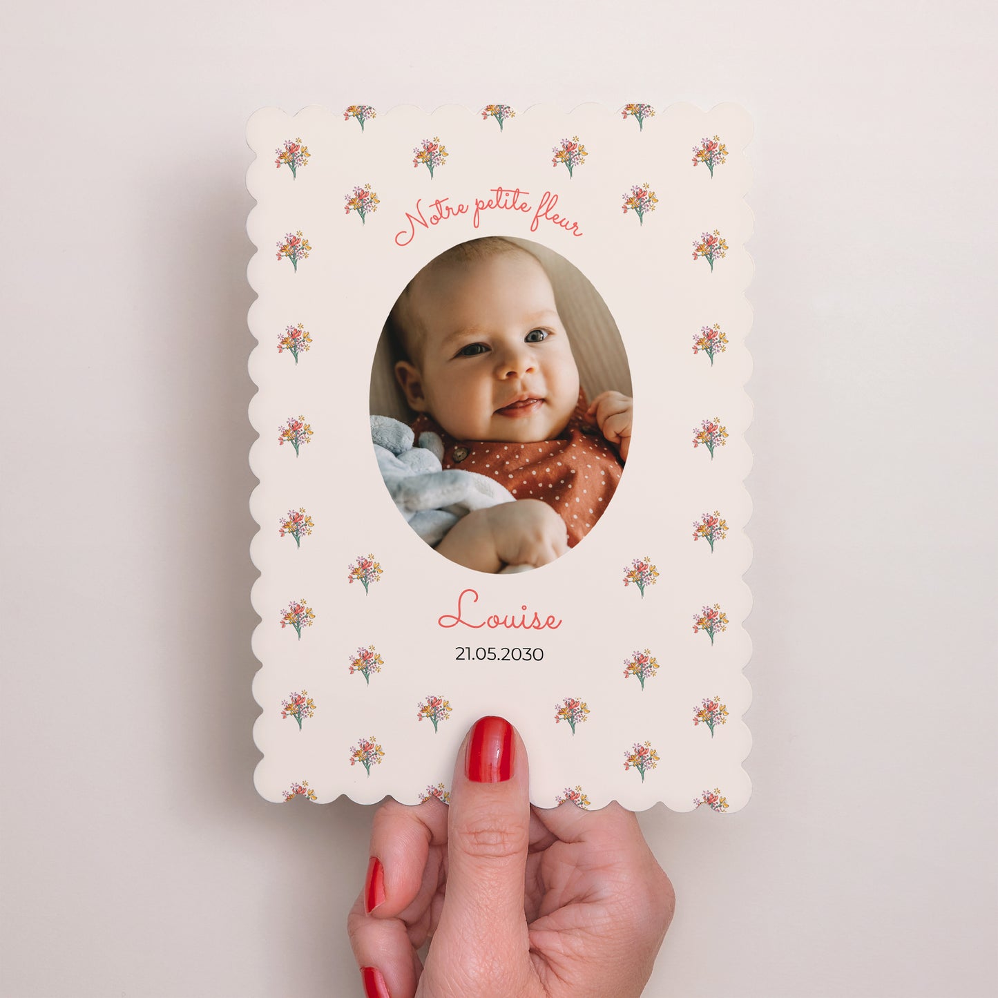 Faire-part Naissance Portrait, bords biscuit Petit bouquet de fleurs beige photo N° 2