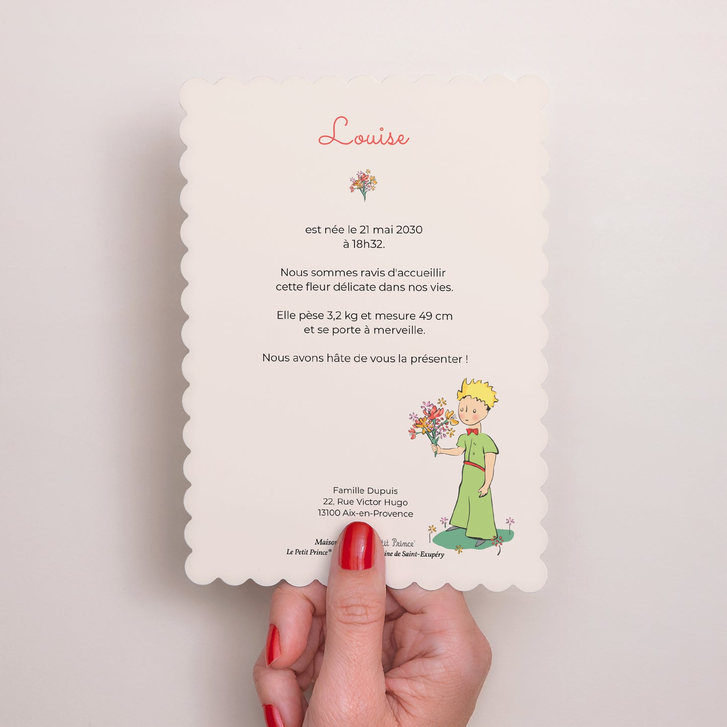 Faire-part Naissance Portrait, bords biscuit Petit bouquet de fleurs beige photo N° 3