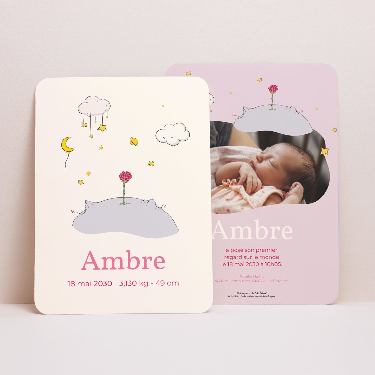 Faire-part Naissance Portrait, bords arrondis Univers de la Rose photo N° 1