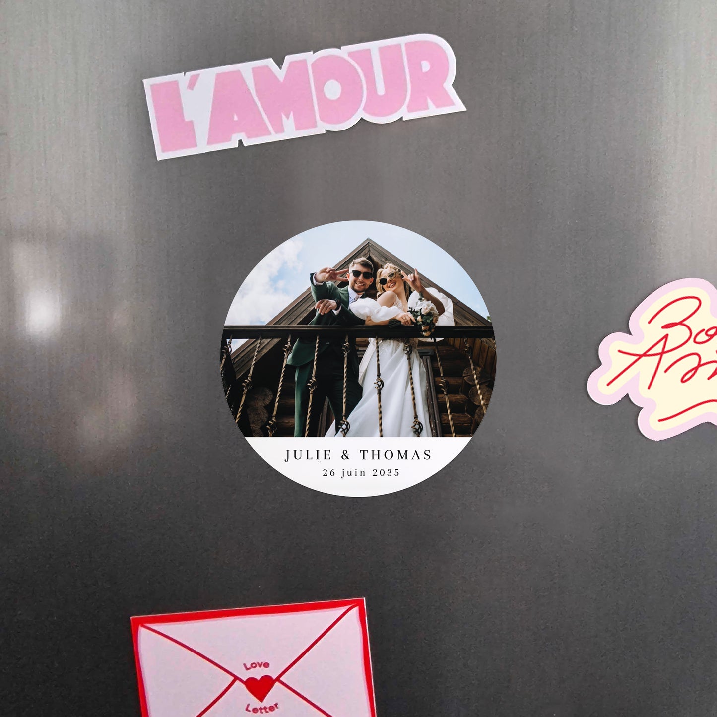 Remerciements Mariage Lot de 8, magnétique, rond, Ø 10cm Le grand bonheur photo N° 4