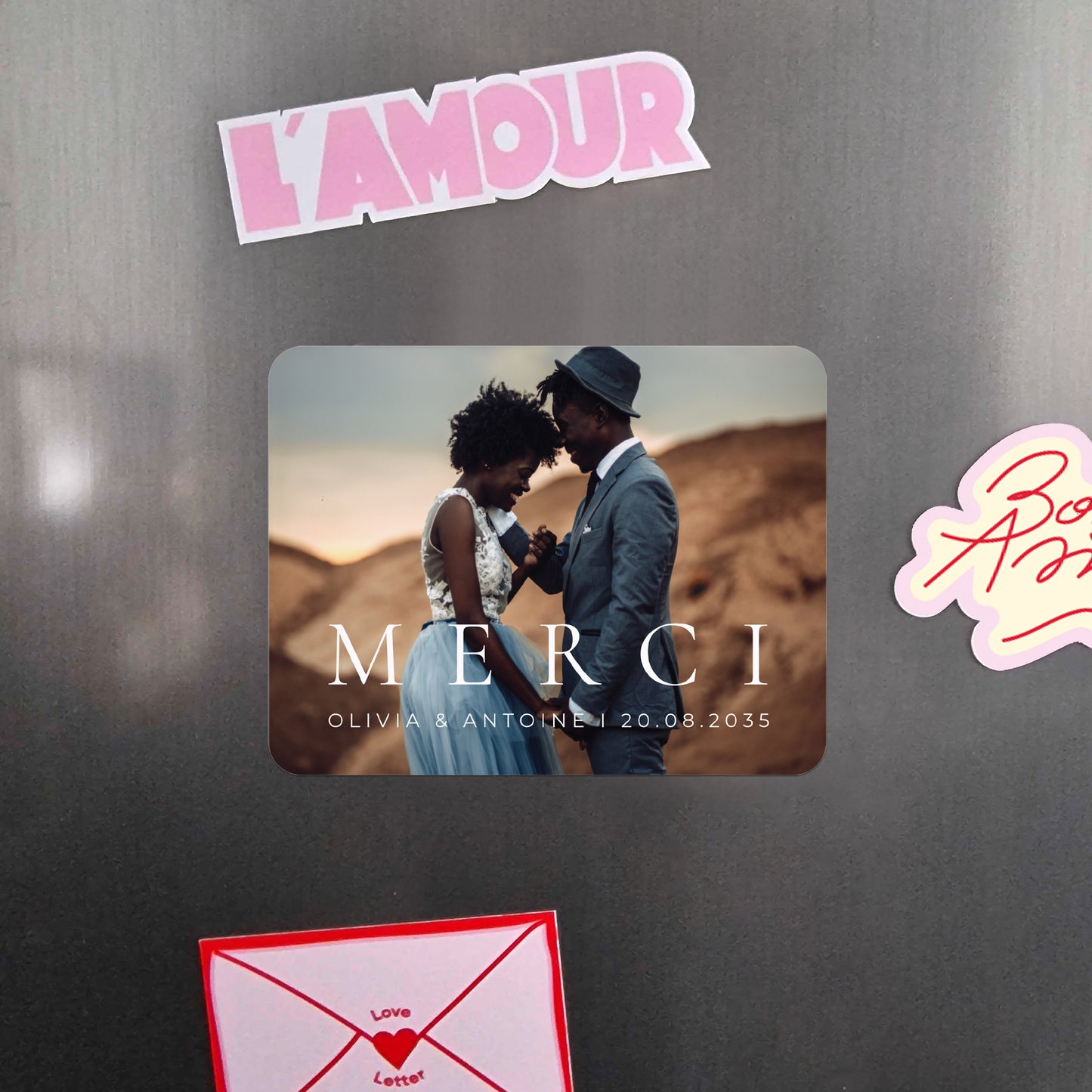 Remerciements Mariage Lot de 8, magnétique, paysage, rectangle coins arrondis M E R C I photo N° 4