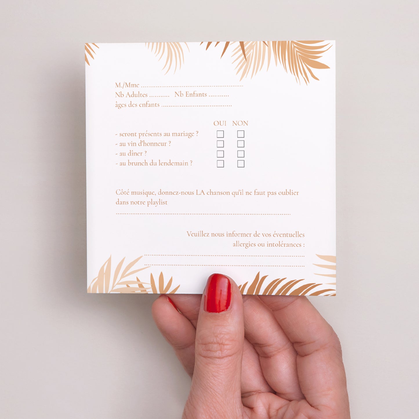 Carton réponse Mariage Carré Gold palm tree photo N° 3