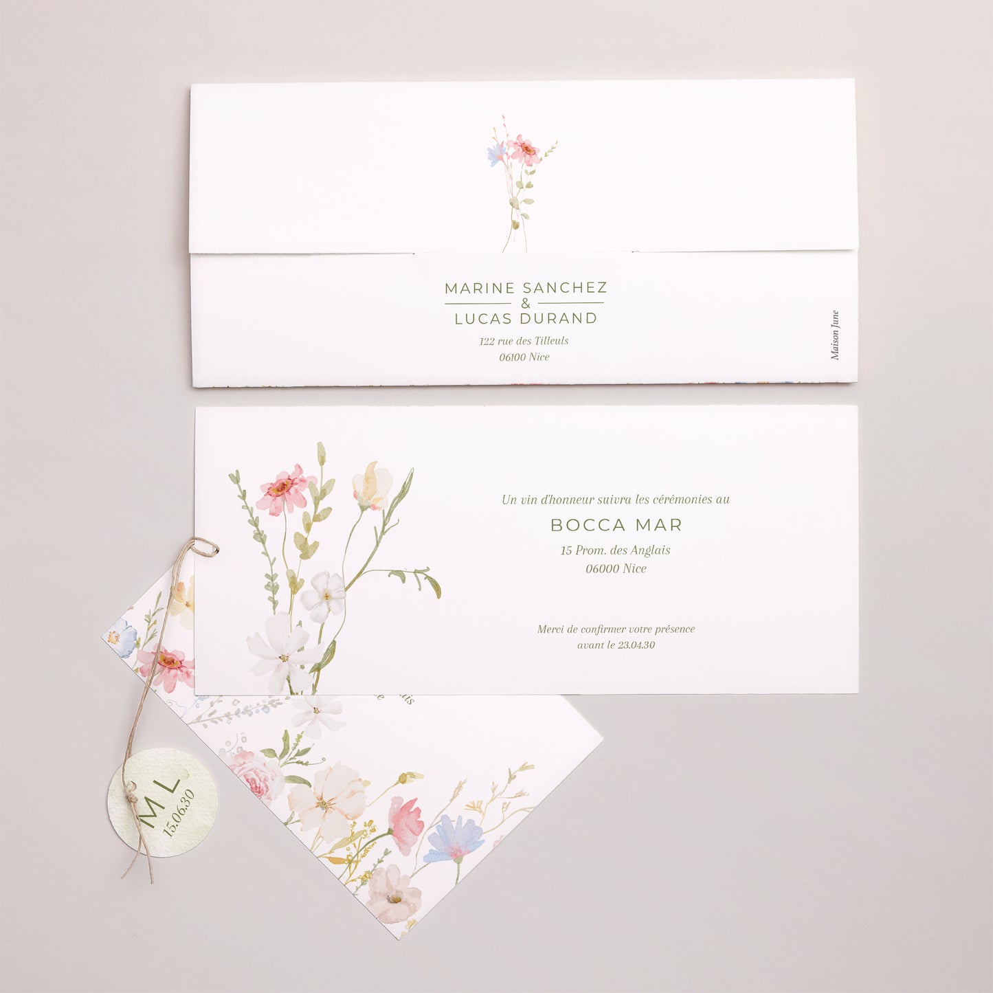 Faire-part Mariage Pochette 2 cartes, étiquette Couronne de Fleurs Sauvages photo N° 4