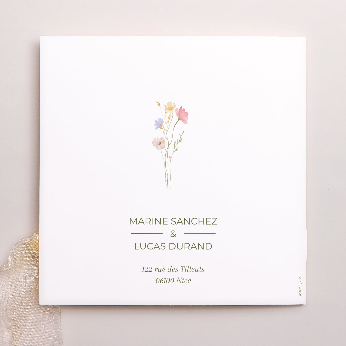 Faire-part Mariage Pochette carrée, 3 cartes, étiquette Couronne de fleurs sauvages photo N° 4