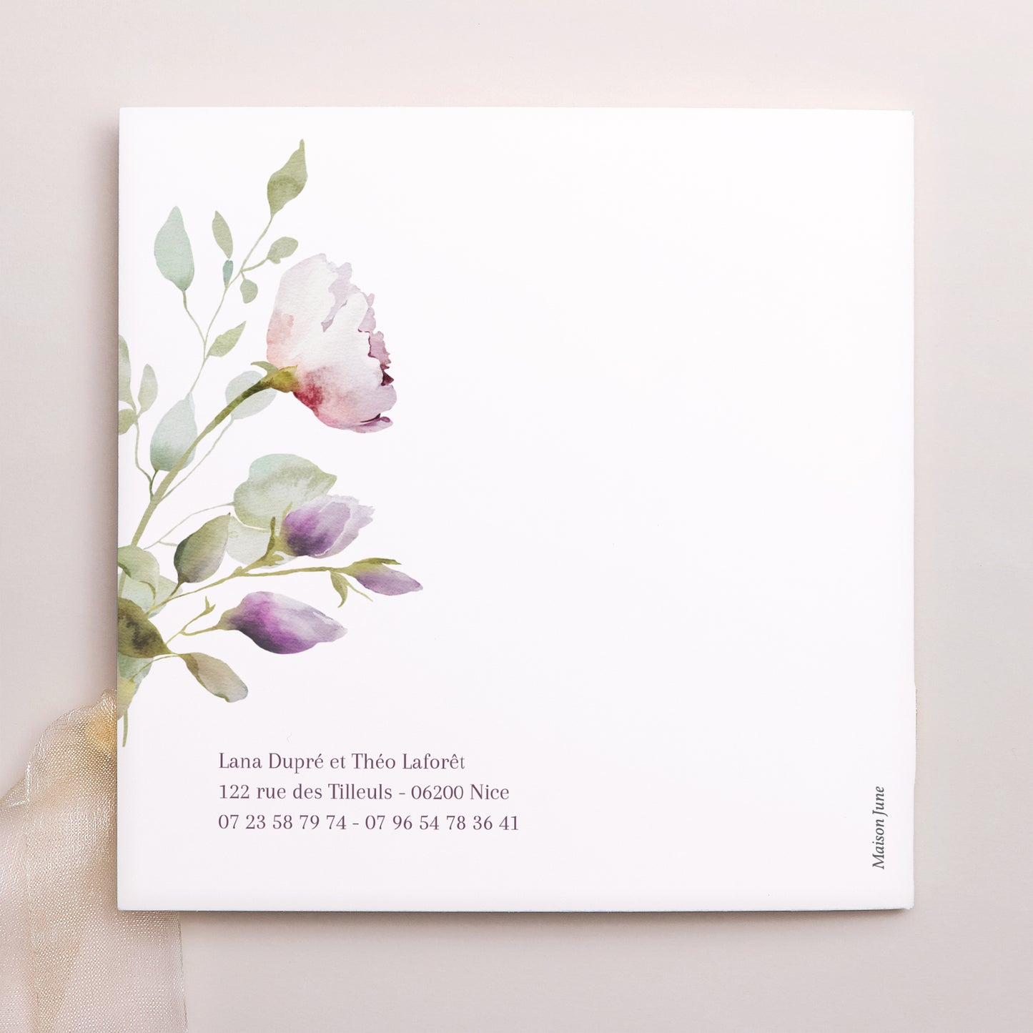 Faire-part Mariage Pochette carrée, 3 cartes, étiquette Romantic purple flowers photo N° 4