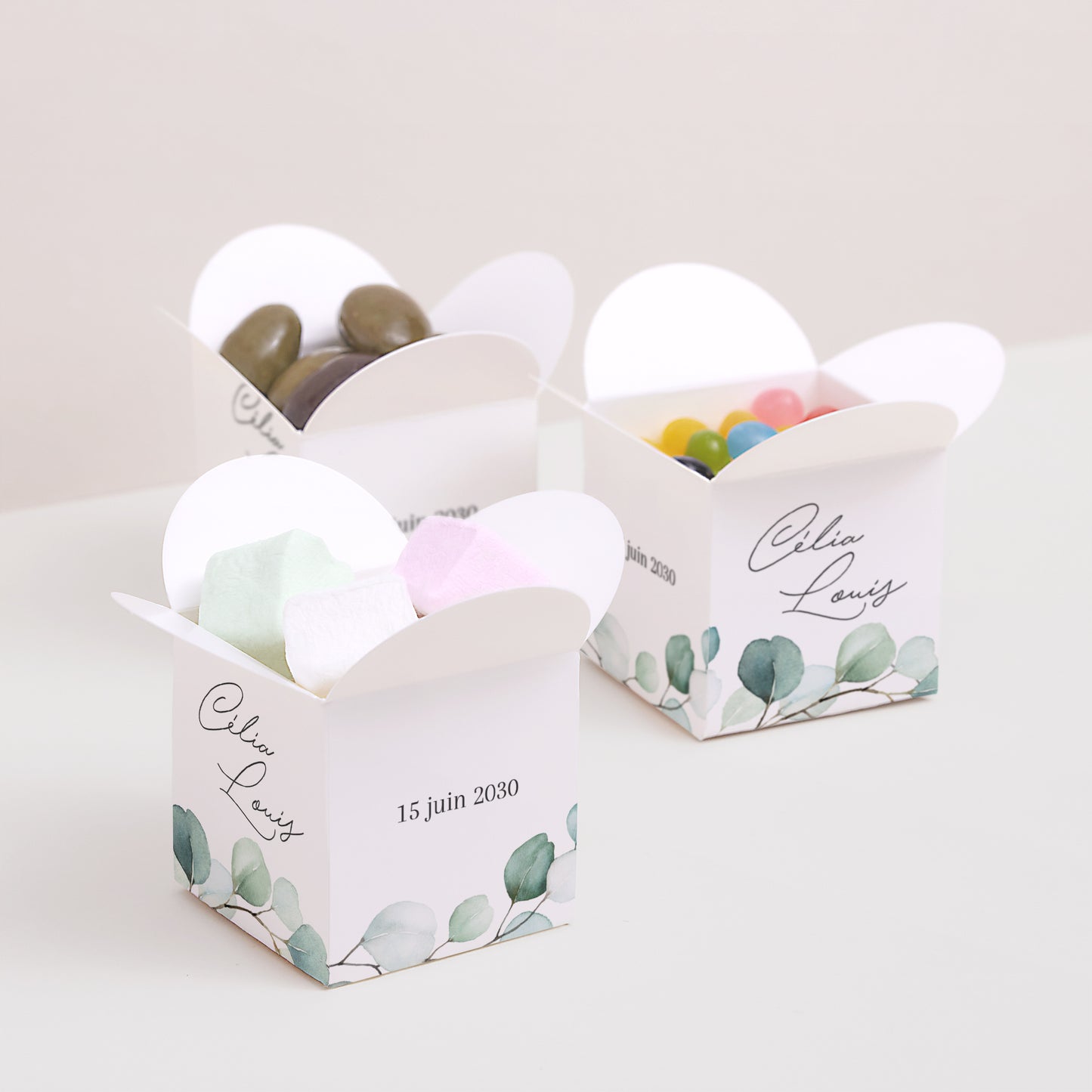 Boîte à dragées Mariage Ouverture papillon Feuilles d'Eucalyptus photo N° 3