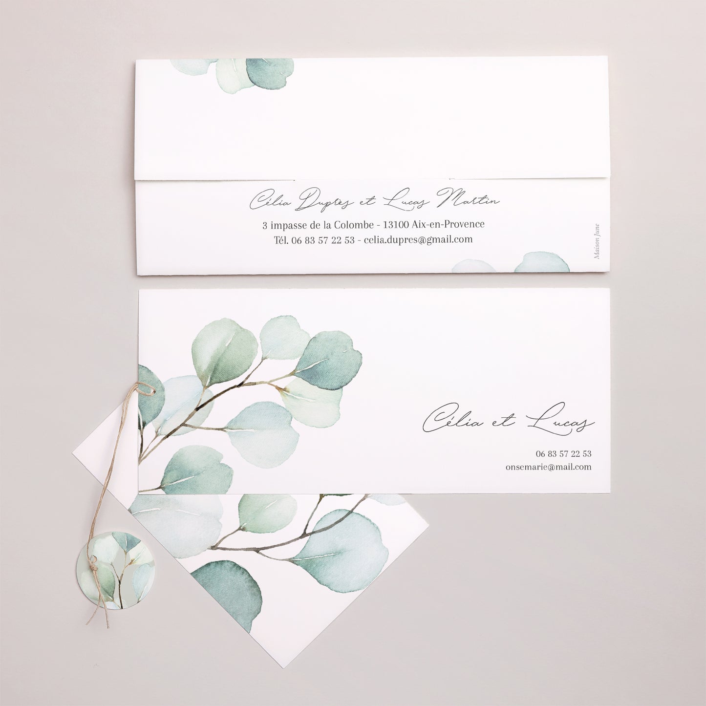 Faire-part Mariage Pochette 2 cartes, étiquette Feuilles d'Eucalyptus photo N° 4