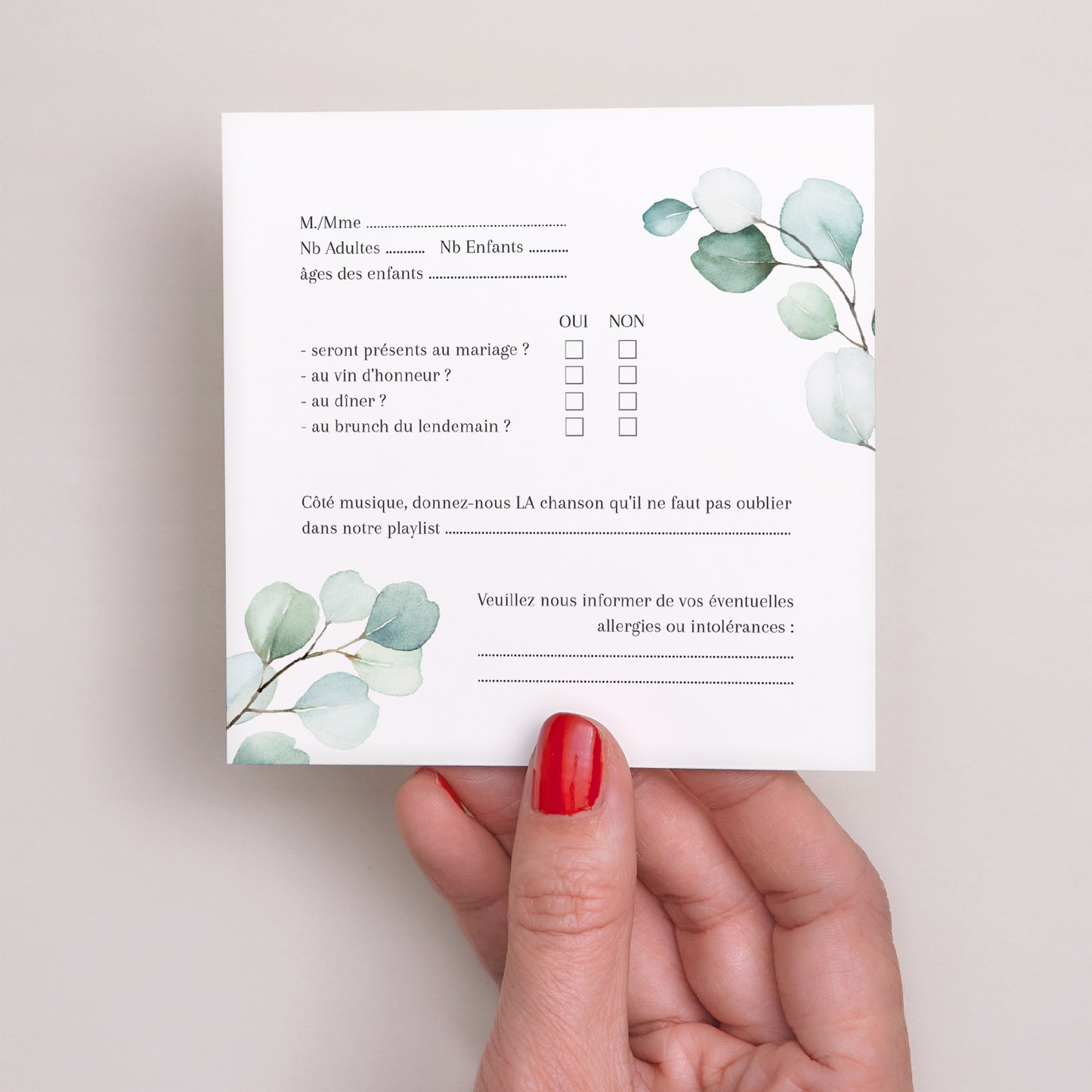 Carton réponse Mariage Carré Feuilles d'Eucalyptus photo N° 3