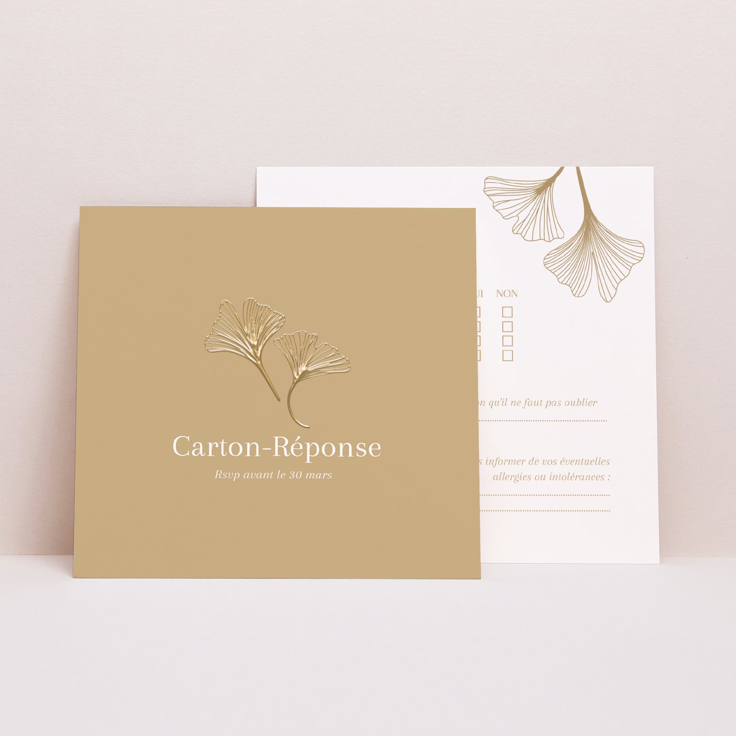 Carton réponse Mariage Carré Ginkgo biloba dorée photo N° 1