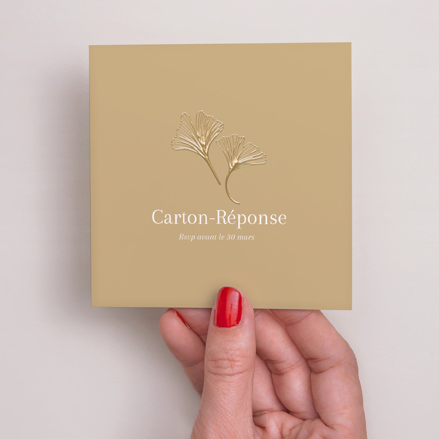 Carton réponse Mariage Carré Ginkgo biloba dorée photo N° 2
