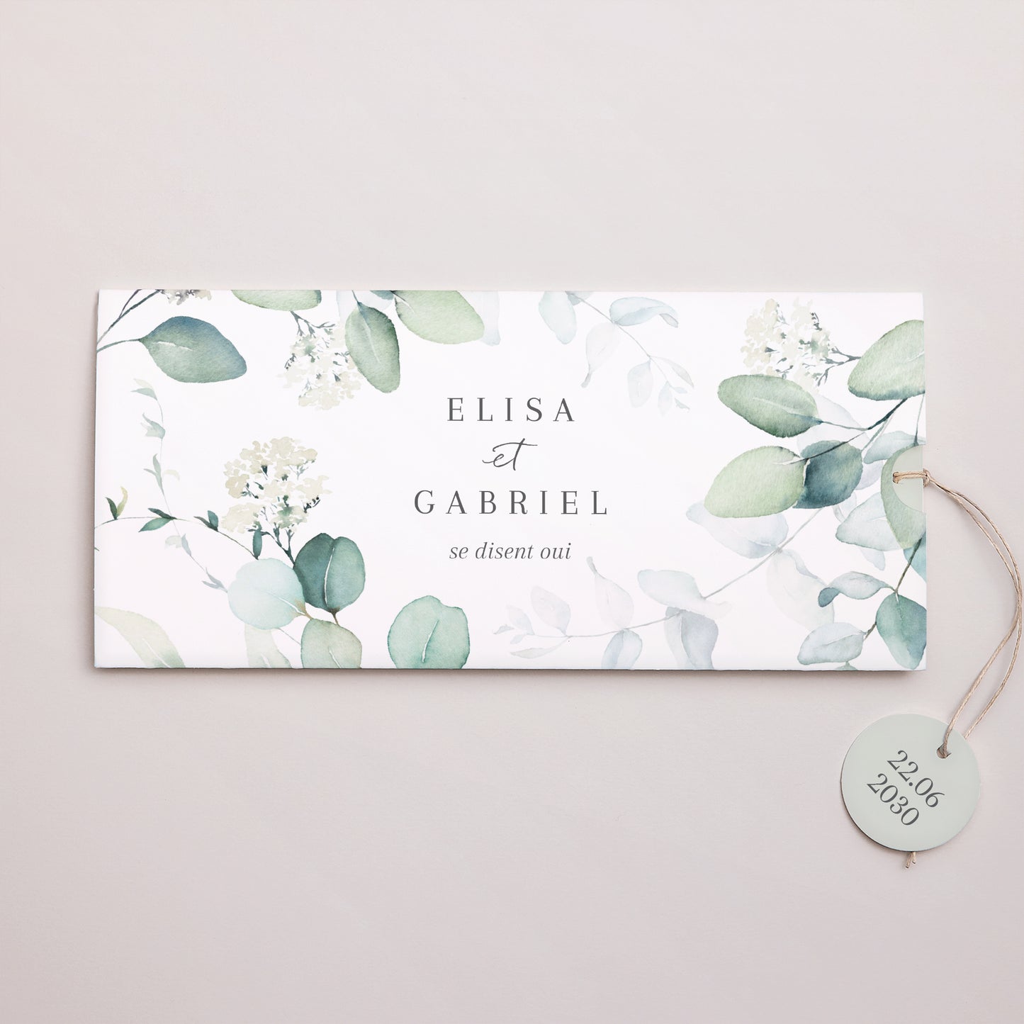 Faire-part Mariage Pochette 2 cartes, étiquette Eucalyptus watercolor photo N° 1