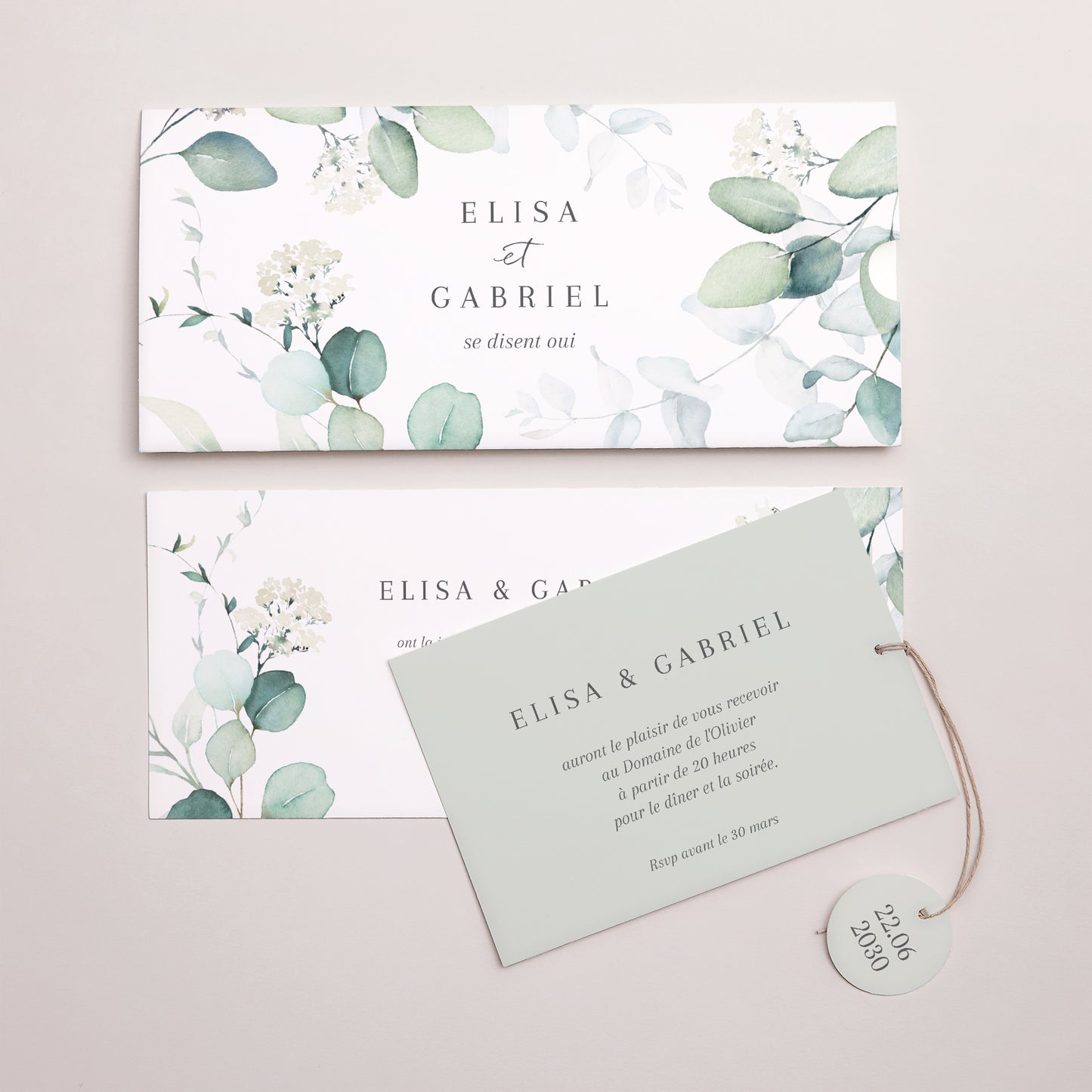 Faire-part Mariage Pochette 2 cartes, étiquette Eucalyptus watercolor photo N° 3