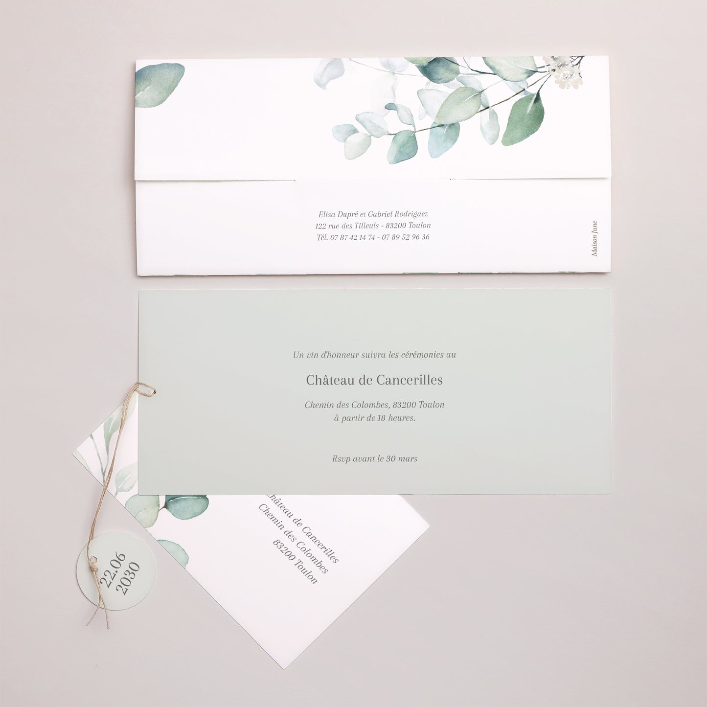 Faire-part Mariage Pochette 2 cartes, étiquette Eucalyptus watercolor photo N° 4