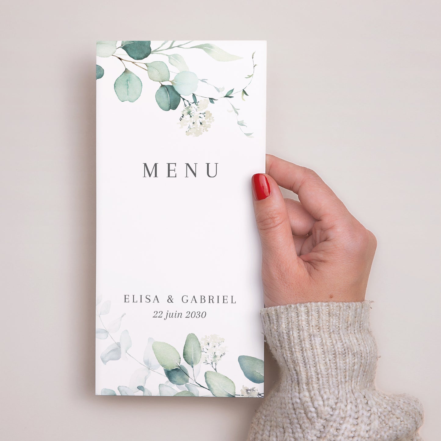 Menu Mariage Panoramique portrait Eucalyptus watercolor photo N° 2