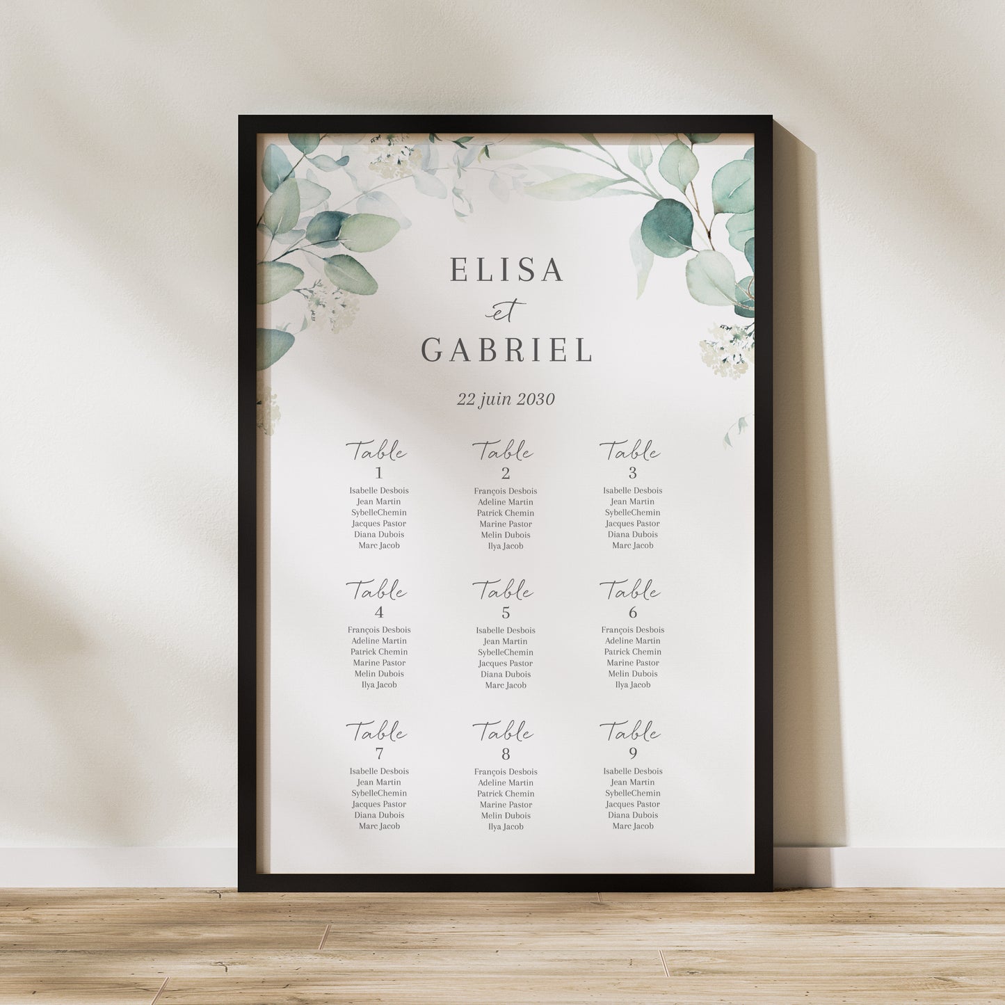 Plan de table Mariage Portrait 60 x 90 cm Eucalyptus watercolor photo N° 1