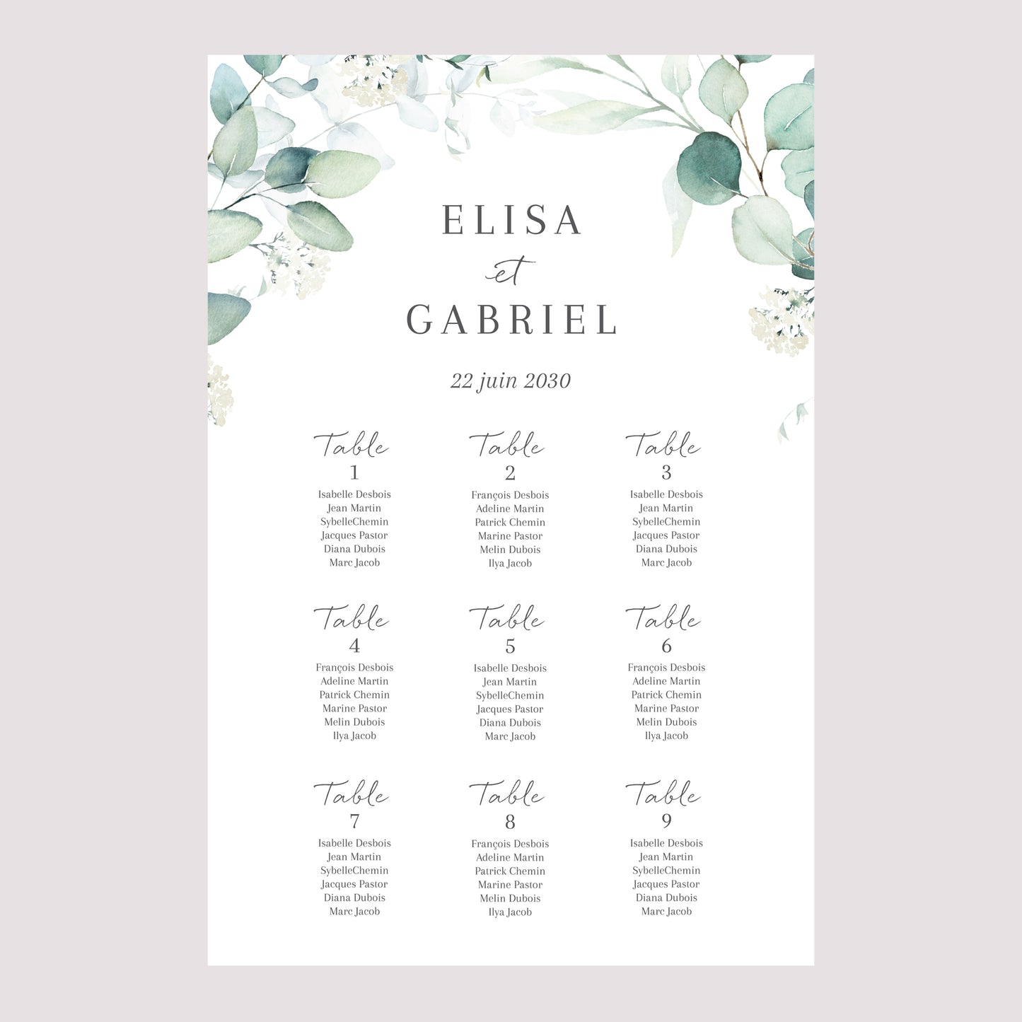 Plan de table Mariage Portrait 60 x 90 cm Eucalyptus watercolor photo N° 2
