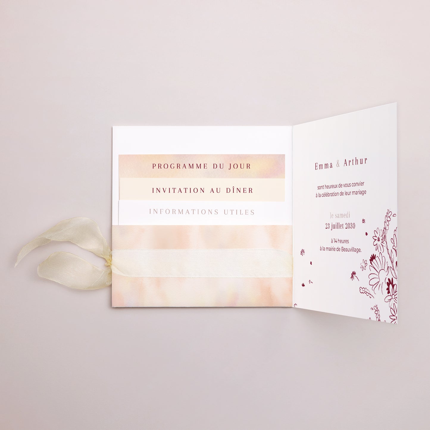 Faire-part Mariage Pochette carrée, 3 cartes, étiquette Tandem photo N° 2