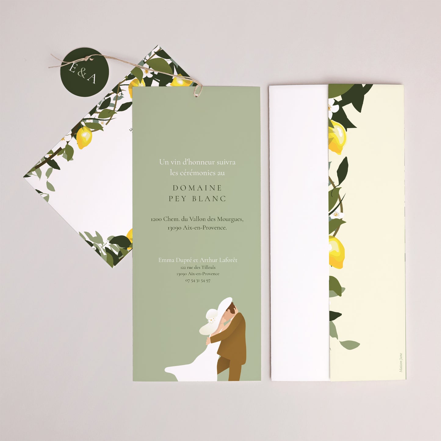 Faire-part Mariage Pochette portrait 2 cartes, étiquette Sous les Citronniers photo N° 4