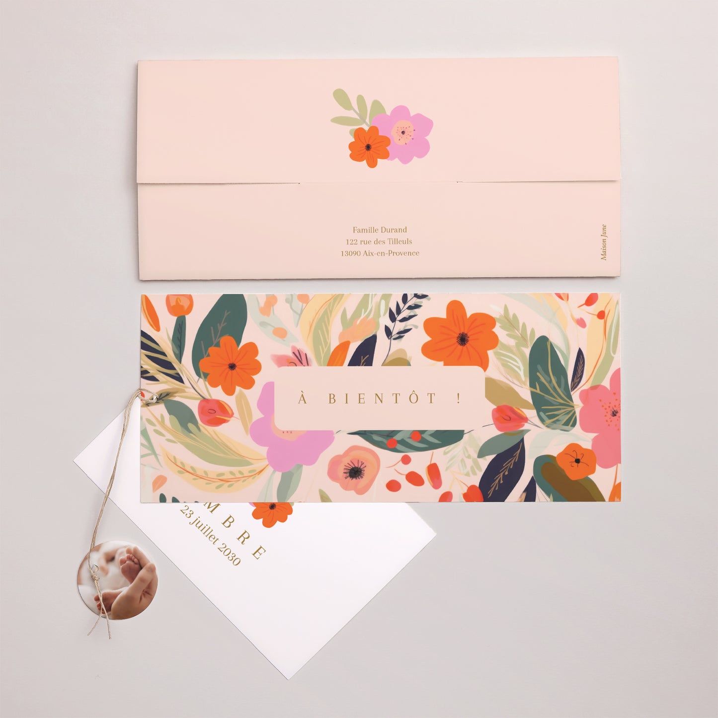 Faire-part Naissance Pochette 2 cartes, étiquette Farandole de Fleurs II photo N° 4