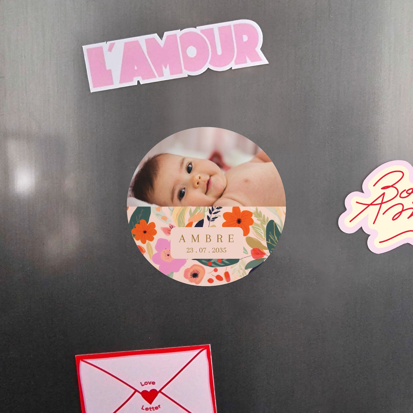 Faire-part Naissance Lot de 8, magnétique, rond, Ø 10cm Farandole de fleurs photo N° 4