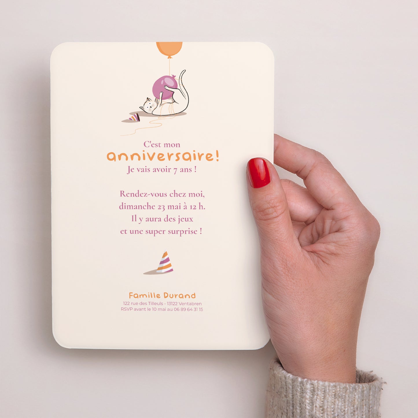 Invitations Anniversaire Enfant Portrait, bords arrondis Le chat fushia photo N° 3