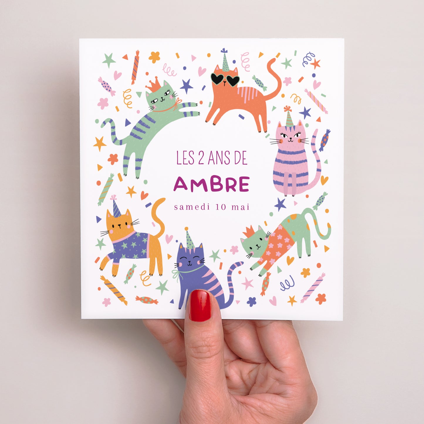 Invitations Anniversaire Enfant Carré Les chats en folie photo N° 2