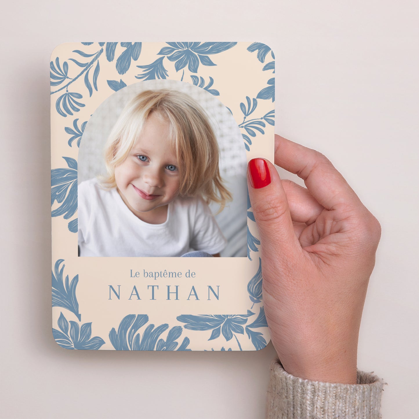 Faire-part Baptême Portrait, bords arrondis Fleurs crayonnées bleues photo N° 2