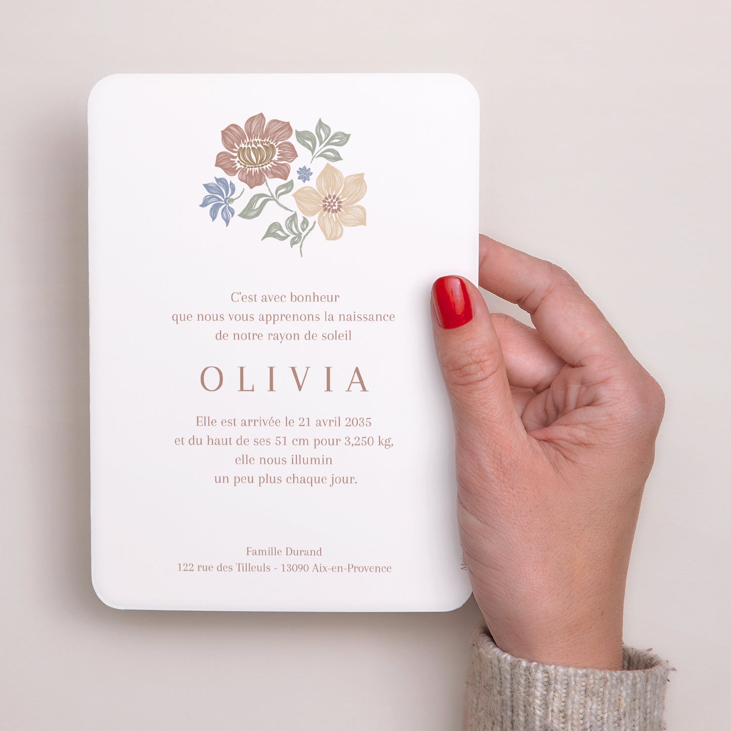 Faire-part Naissance Portrait, bords arrondis Fleurs crayonnées photo N° 3