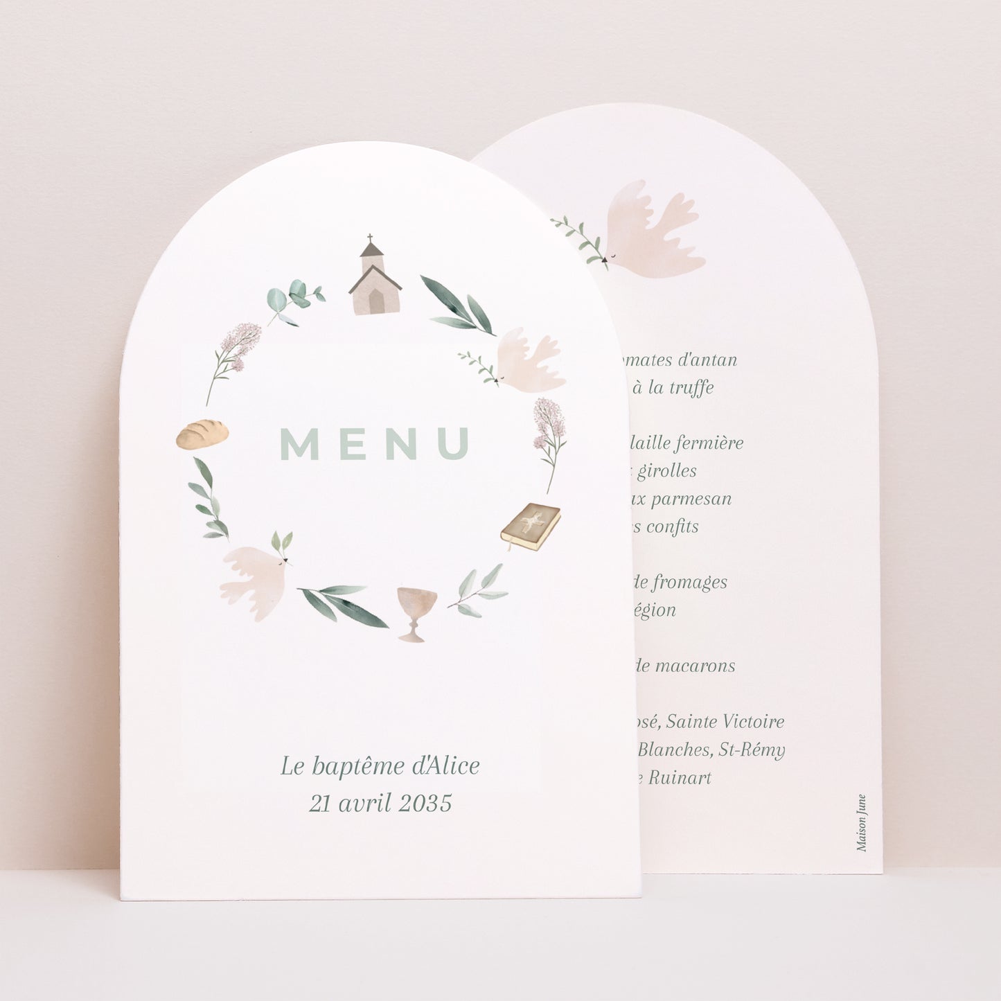 Menu Baptême Arche Couronne symboles religieux photo N° 1
