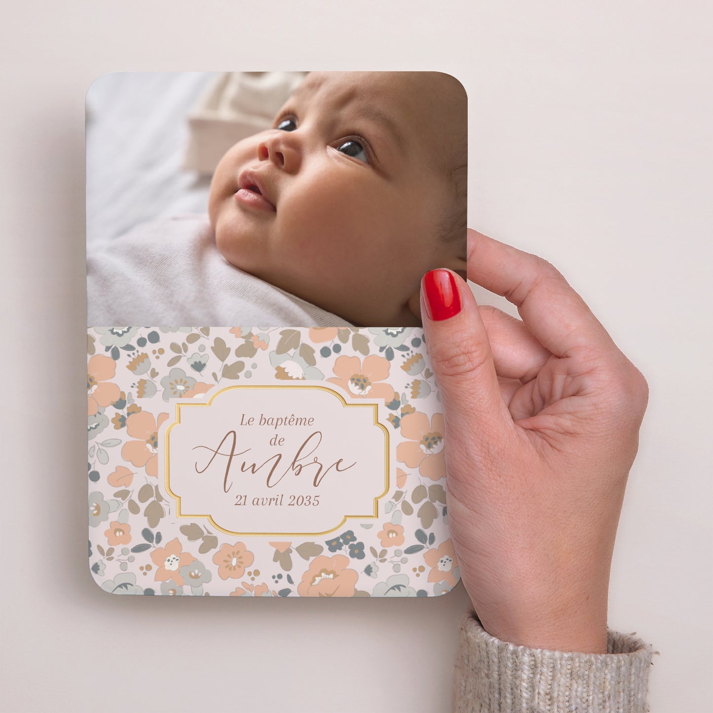 Faire-part Baptême Portrait, bords arrondis Fleurs liberty photo N° 2