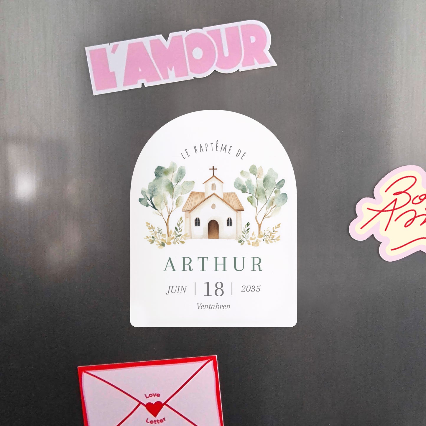 Faire-part Baptême Lot de 8, magnétique, arche Jolie église photo N° 4