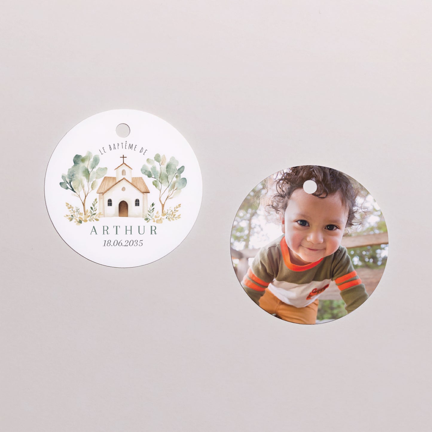 Boîte à dragées Baptême boule avec étiquette ronde Jolie église photo N° 3