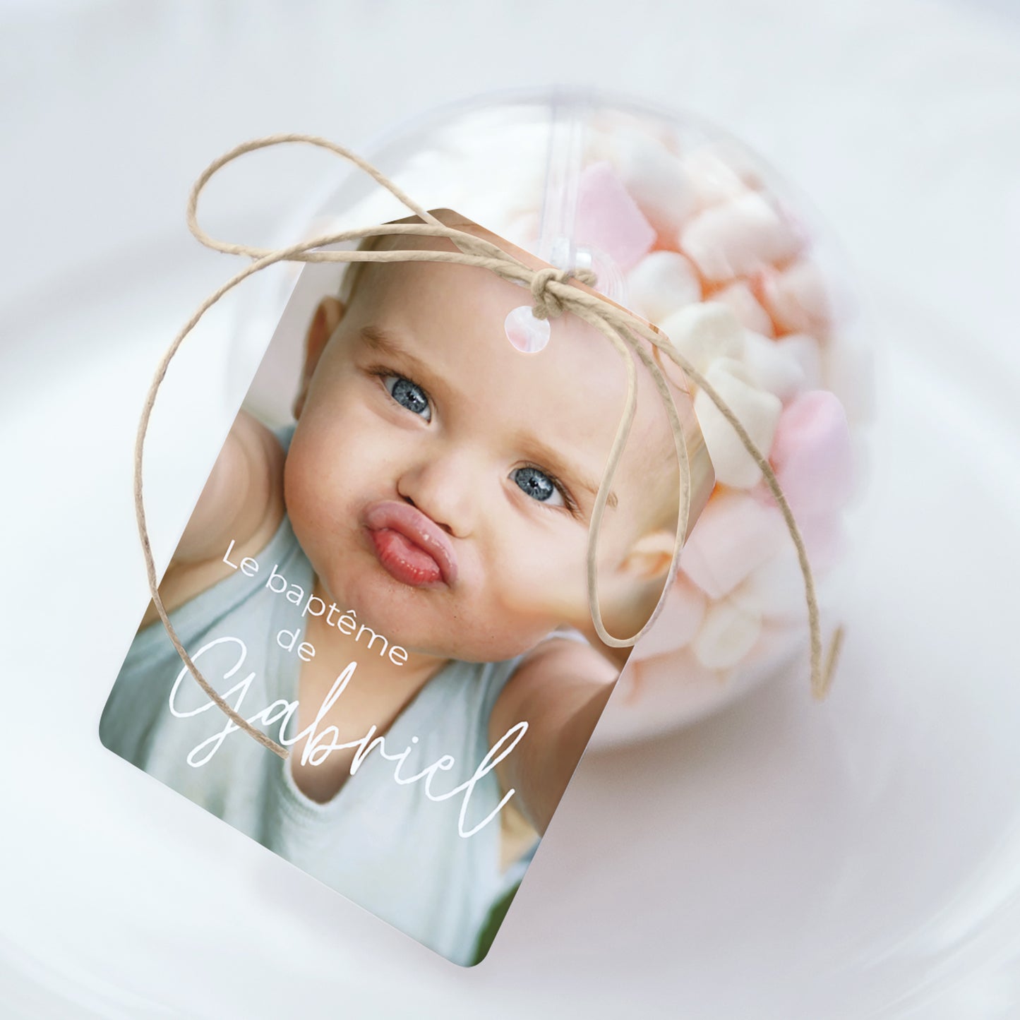 Boîte à dragées Baptême boule avec étiquette fanion Single baby photo N° 1