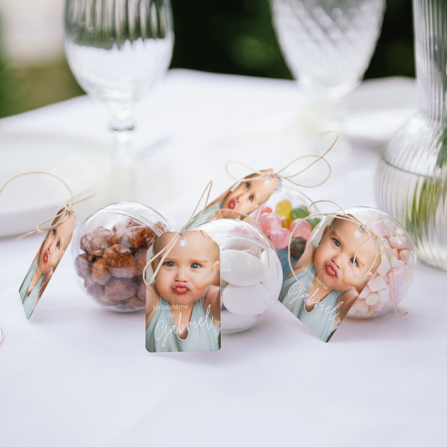 Boîte à dragées Baptême boule avec étiquette fanion Single baby photo N° 2