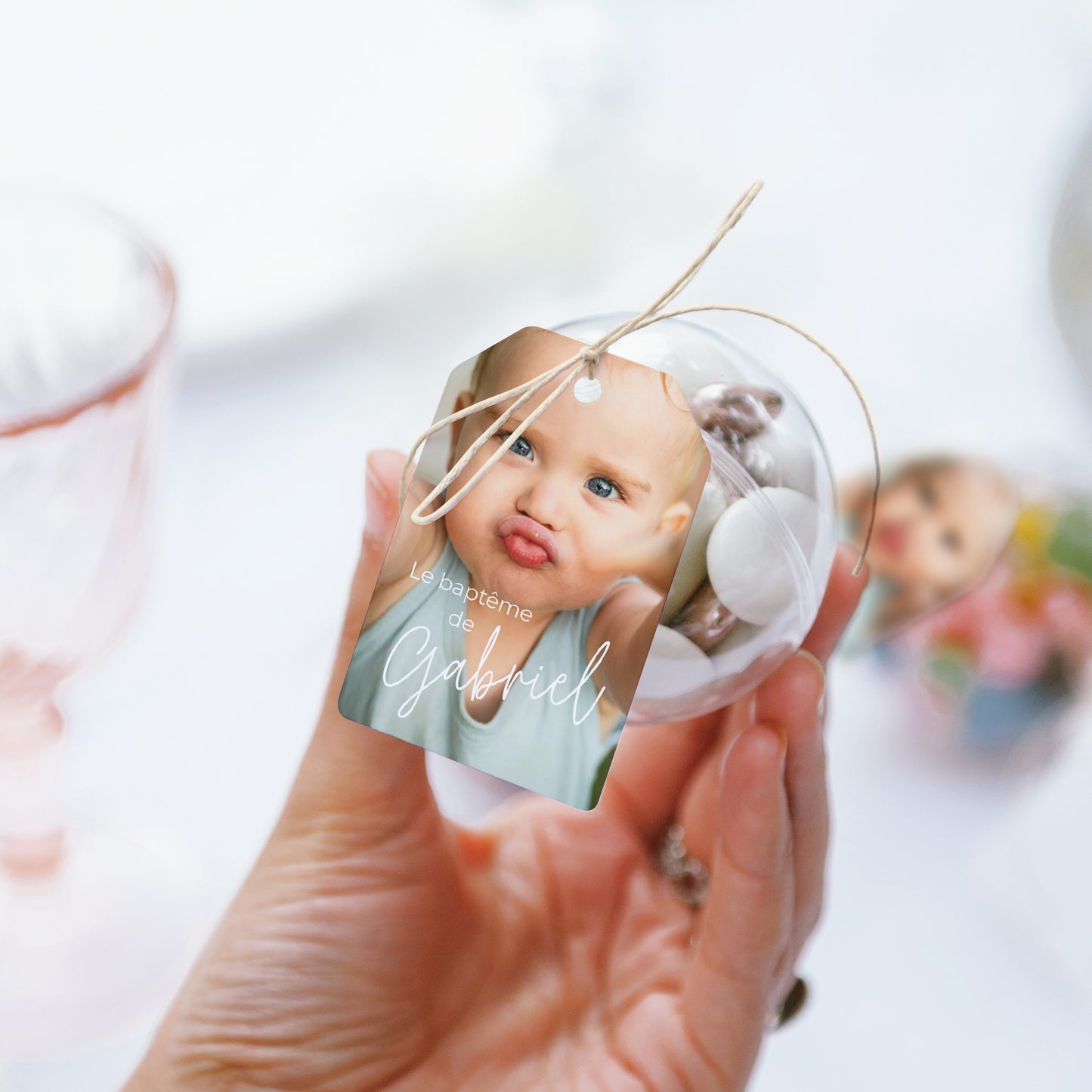 Boîte à dragées Baptême boule avec étiquette fanion Single baby photo N° 3