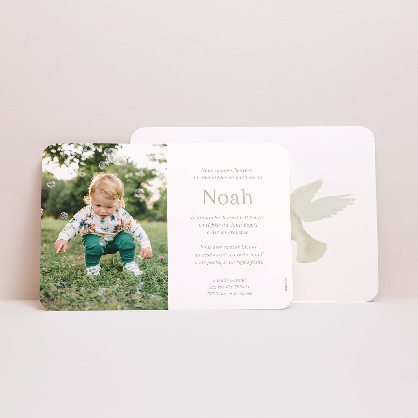 Faire-part Baptême Paysage, bords arrondis L'annonce de la colombe photo N° 3