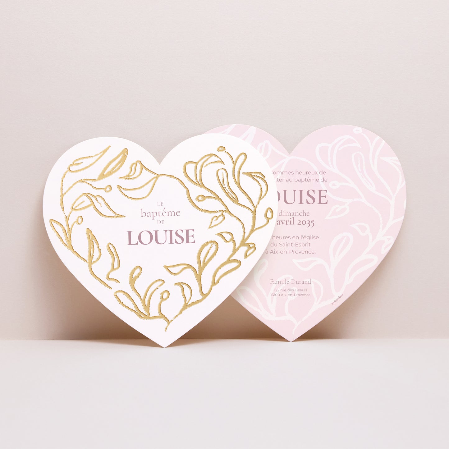 Faire-part Baptême Cœur Coeur végétal doré photo N° 1