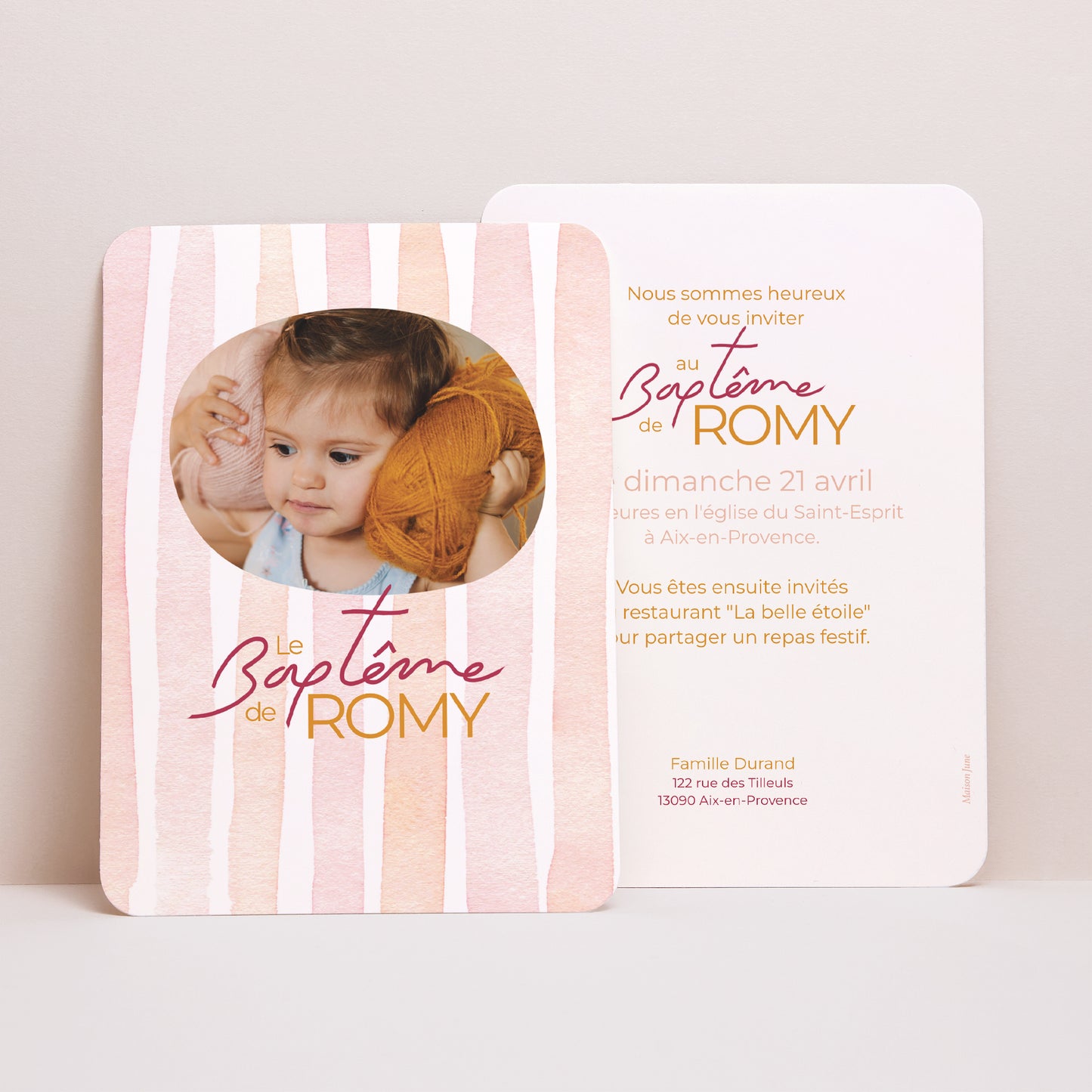 Faire-part Baptême Portrait, bords arrondis Douces rayures photo N° 1