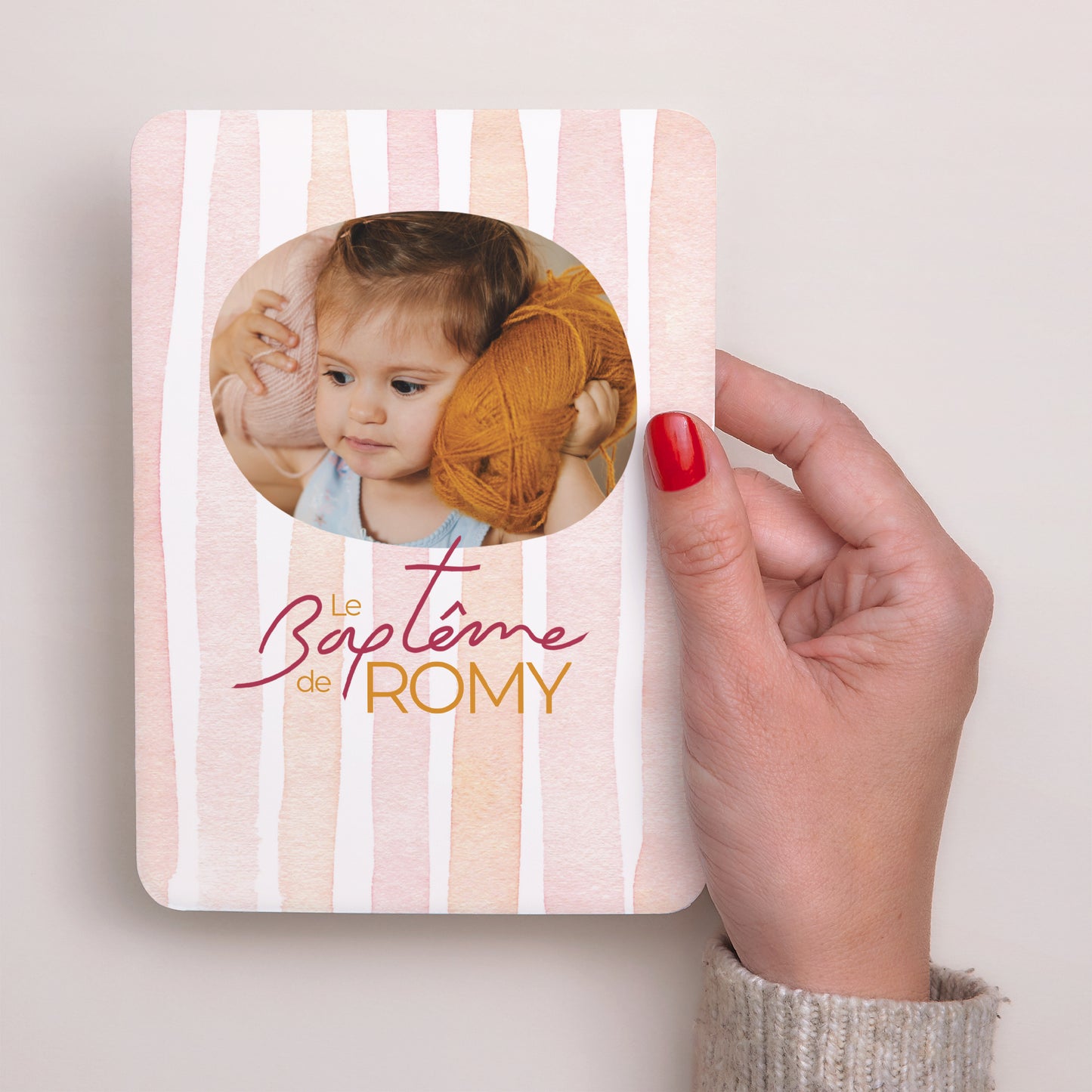 Faire-part Baptême Portrait, bords arrondis Douces rayures photo N° 2