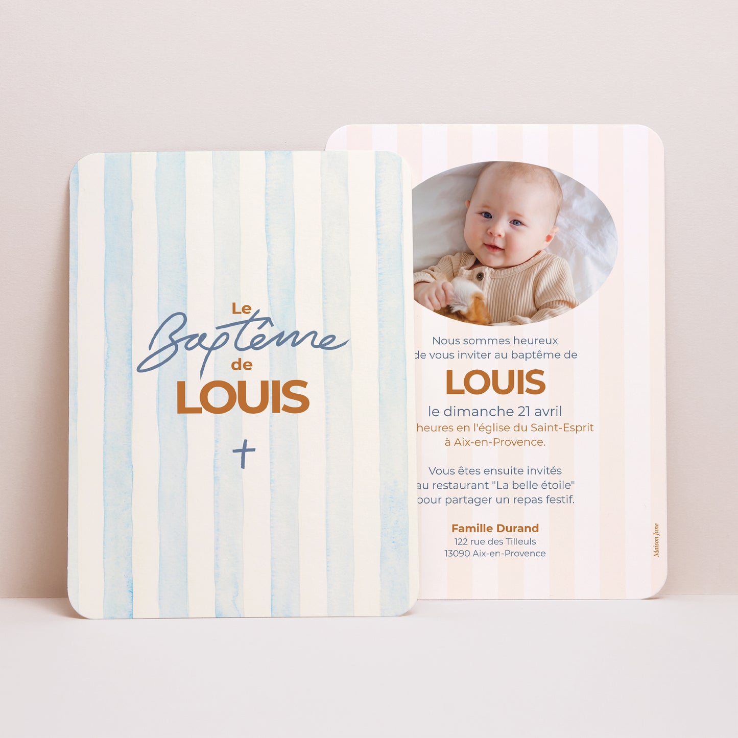 Faire-part Baptême Portrait, bords arrondis Rayures bleues photo N° 1