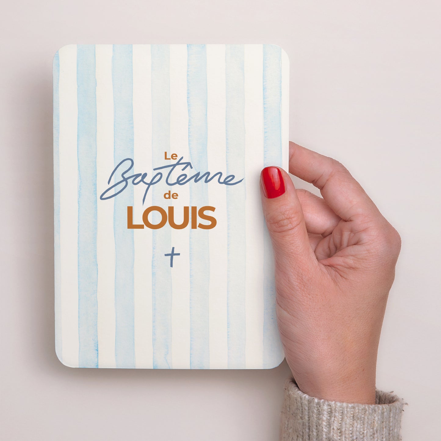 Faire-part Baptême Portrait, bords arrondis Rayures bleues photo N° 2