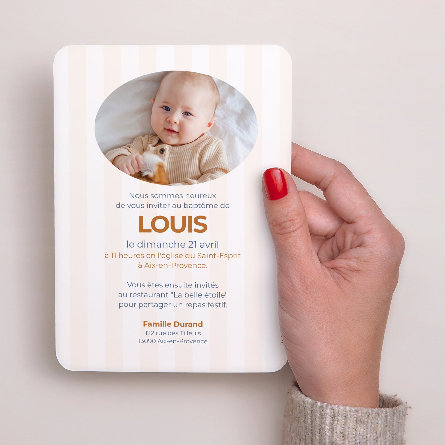 Faire-part Baptême Portrait, bords arrondis Rayures bleues photo N° 3