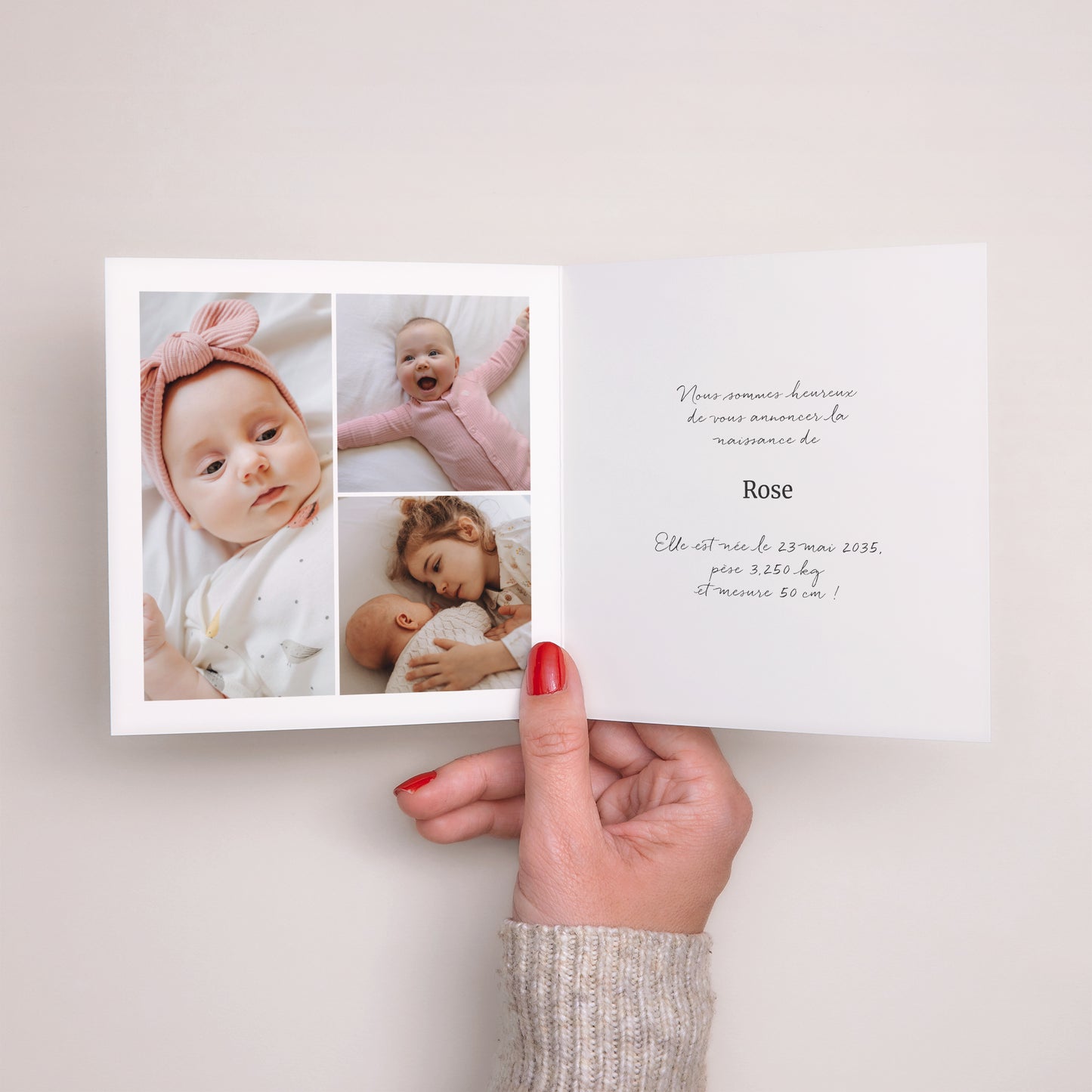 Faire-part Naissance Carré double volet Rayures roses claires photo N° 2