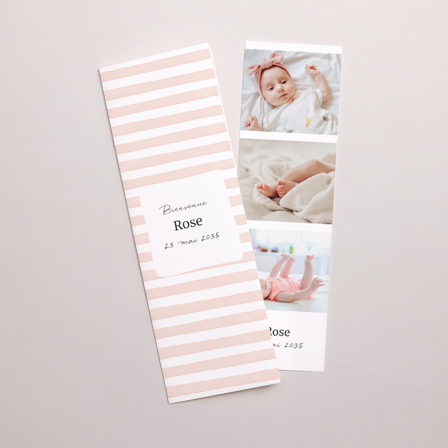 Faire-part Naissance Marque-page photo Rayures roses claires photo N° 1