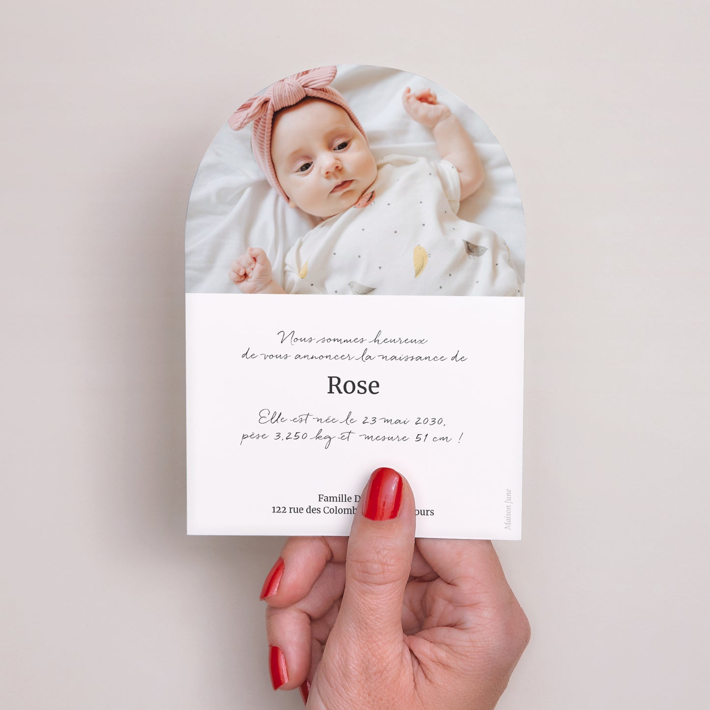 Faire-part Naissance Petite arche Rayures roses claires photo N° 3