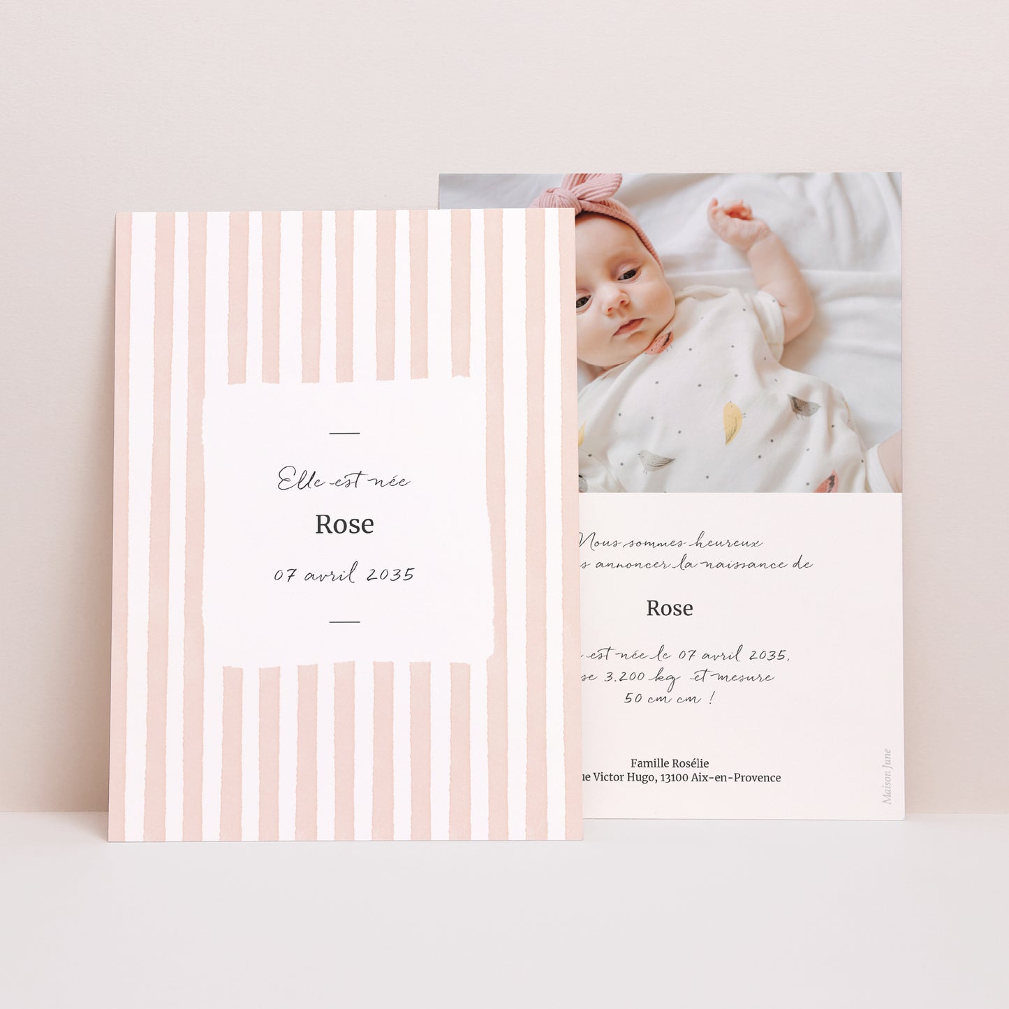 Faire-part Naissance Portrait Rayures roses claires photo N° 1